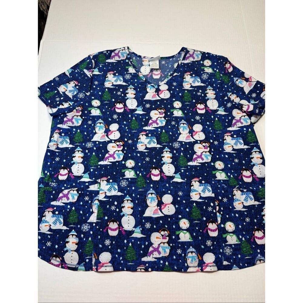Scrubstar Navy Winter Snowman and Penguin Short Sleeve Scrub Top Size 3XL